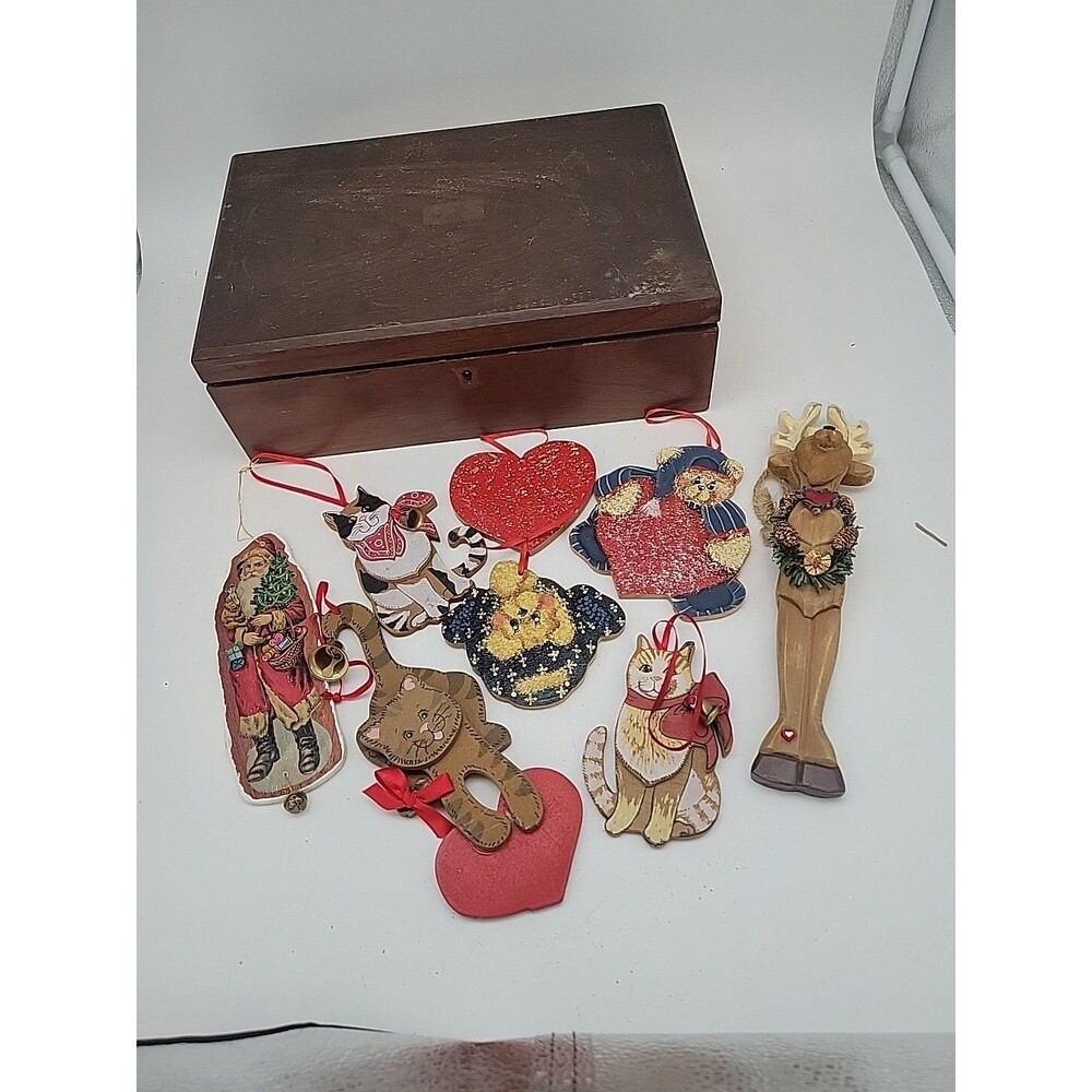 7 Vtg Kurt S Adler Wooden Ornament Lot: Cat W Bells, Bear W Hearts, Moose, Santa